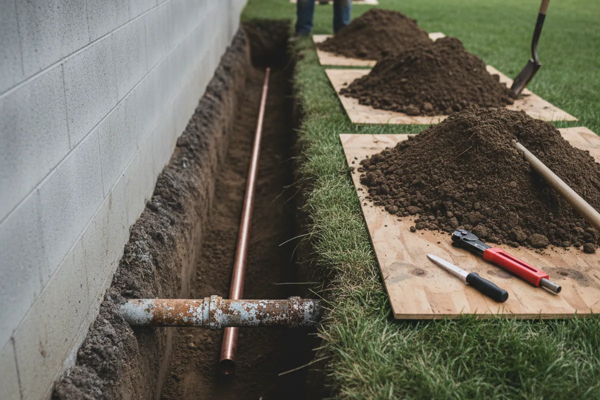 Excavated water line trench during Sewer Line Repair in Spring City